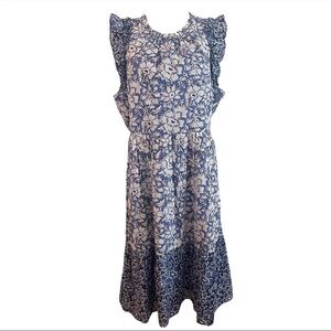 J. Crew Blue & White Floral Midi Dress with Ruffle Shoulders